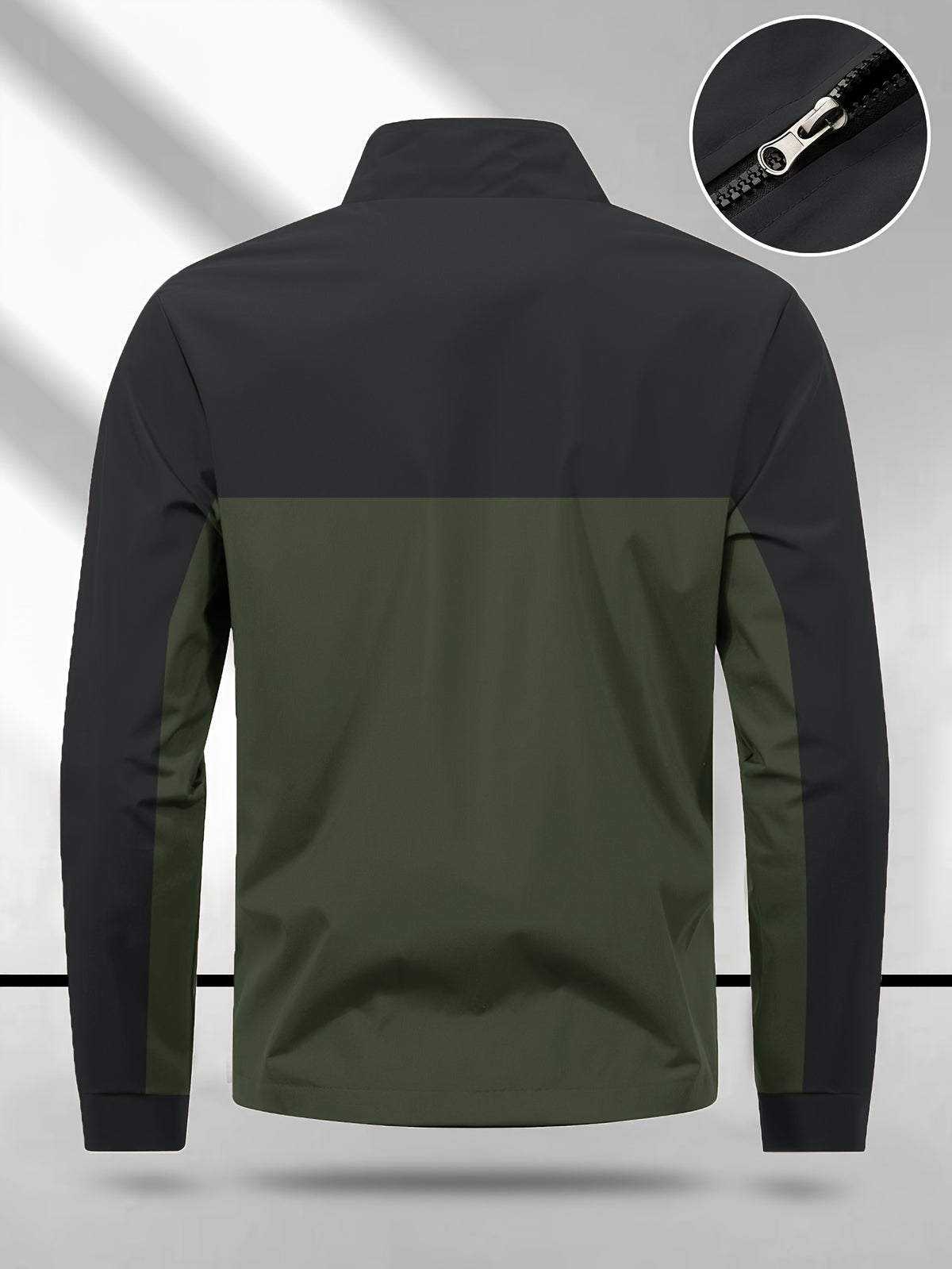 Men's Color-Block Spliced Stand-Collar Jacket, Spring/Autumn Outdoor Windproof Top, Trendy Casual Sporty Versatile Printed Jacket - Olive Green