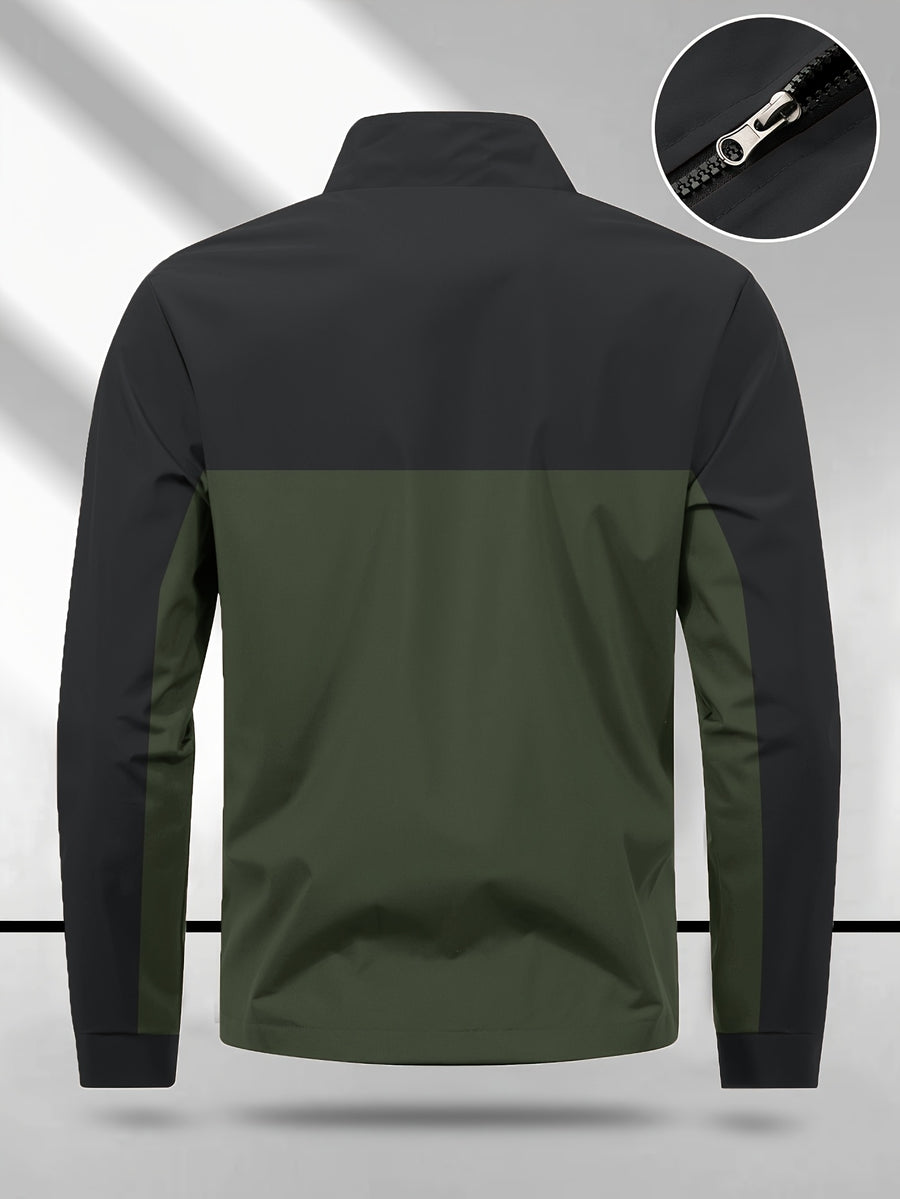 Men's Color-Block Spliced Stand-Collar Jacket, Spring/Autumn Outdoor Windproof Top, Trendy Casual Sporty Versatile Printed Jacket - Olive Green