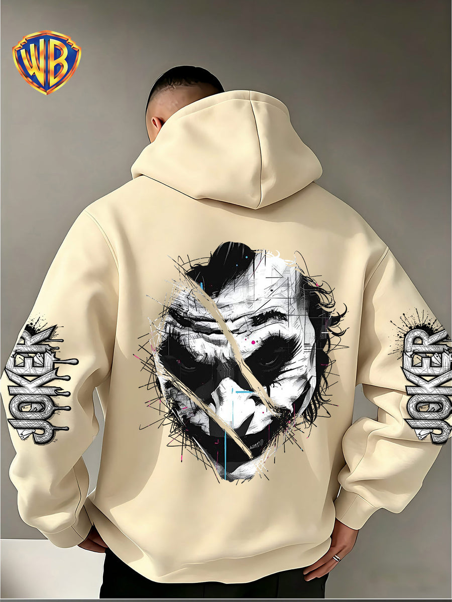 Dark and Edgy Style Hooded Sweatshirt, Featuring a Reimagined Clown Portrait Print with a Graffiti-like Texture That Exudes a Street Vibe. Packed with Streetwear Brand Attributes, It Unleashes a Free-spirited Aura and Is Unisex for Both Men and Women - Apricot