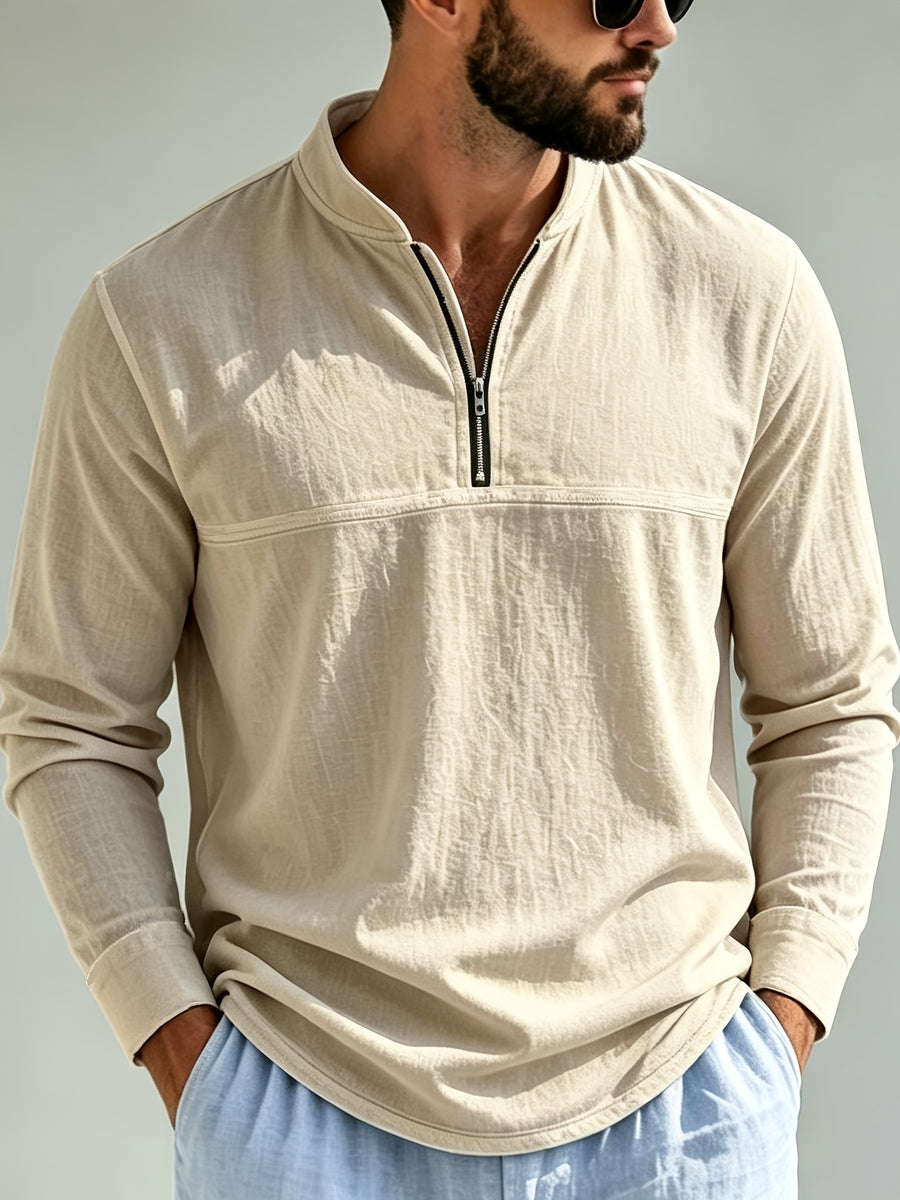 Men's Linen Long Sleeve Henley Shirt Stand Collar Loose Polo Shirt Men's Linen Zipper Casual Shirt - Khaki