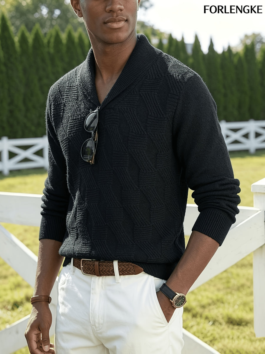 FORLENGKE Autumn And Winter Men'S Stylish Crew-Neck Knit Sweater with Full Checkered Texture, Jacquard Long-Sleeve Sweater, Comfortable Knit Top for Autumn And Winter, Casual Outings, Shopping, And Party Atmosphere Men'S Pullover Knit - Black