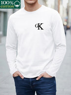 Men's 100% Cotton Autumn T-Shirt, Crew Neck Casual Spring/Autumn Long Sleeve T-Shirt, Comfortable and Soft Men's Top - White