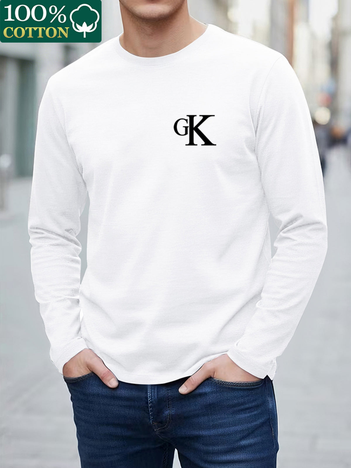 Men's 100% Cotton Autumn T-Shirt, Crew Neck Casual Spring/Autumn Long Sleeve T-Shirt, Comfortable and Soft Men's Top - White
