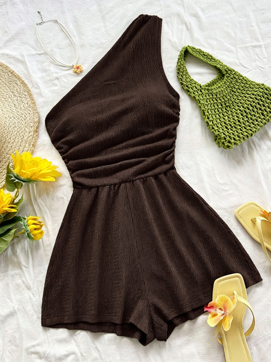 New Korean-Style Niche Jumpsuit for Women, Pure Alluring Vibe Strapless Fashionable A-Line Spicy Short Jumpsuit for Vacation Trips - Coffee Color