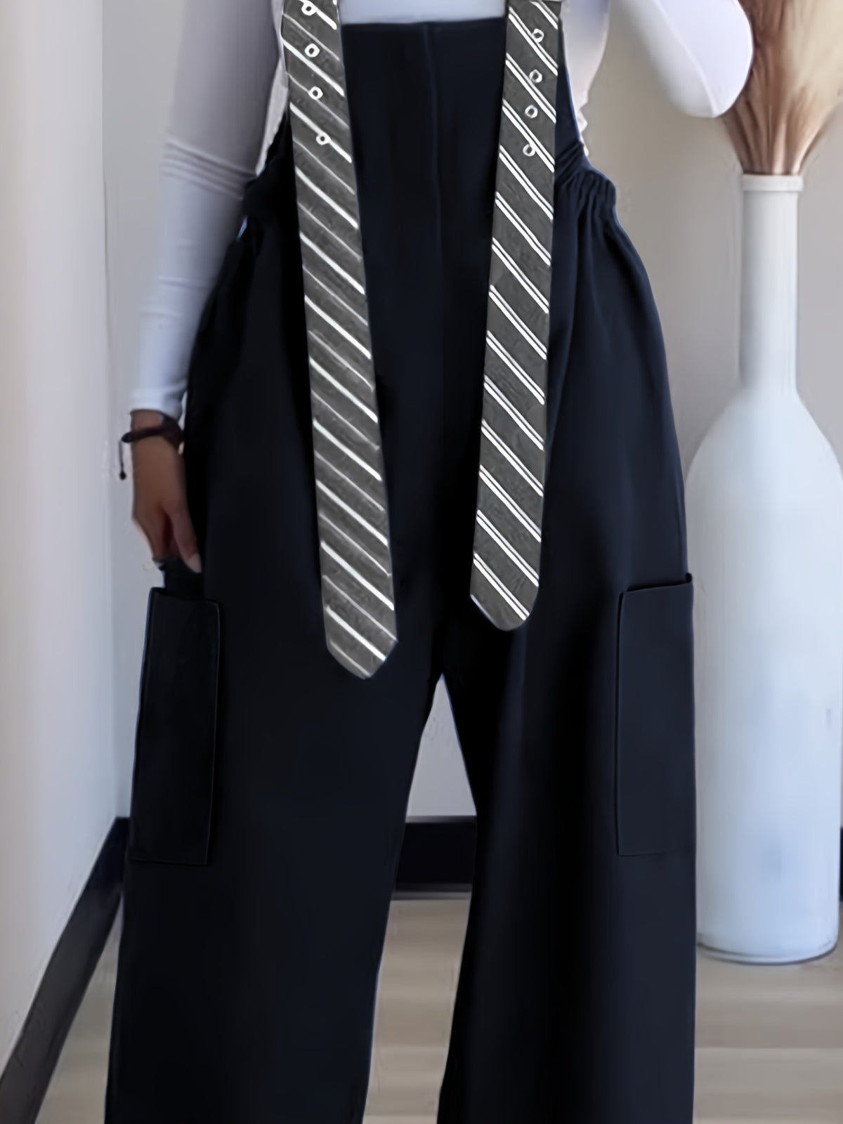 2026 New Women'S Loose Strappy Wide-Leg Pants, Age-Reducing, Versatile Casual Jumpsuit, Casual Striped Jumpsuit/Apron Pants - Deep Blue