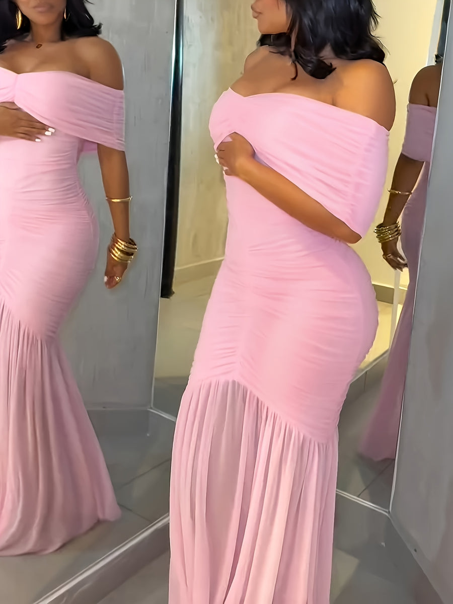 Off-The-Shoulder Pleated Waist See-Through Party Dress - Pink