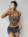 New Women's Fashion Leopard Print Sexy Tank Top, European and American Style Slim-Fit Cropped Vest Top - Black Leopard Print
