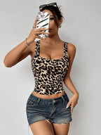 New Women's Fashion Leopard Print Sexy Tank Top, European and American Style Slim-Fit Cropped Vest Top - Black Leopard Print