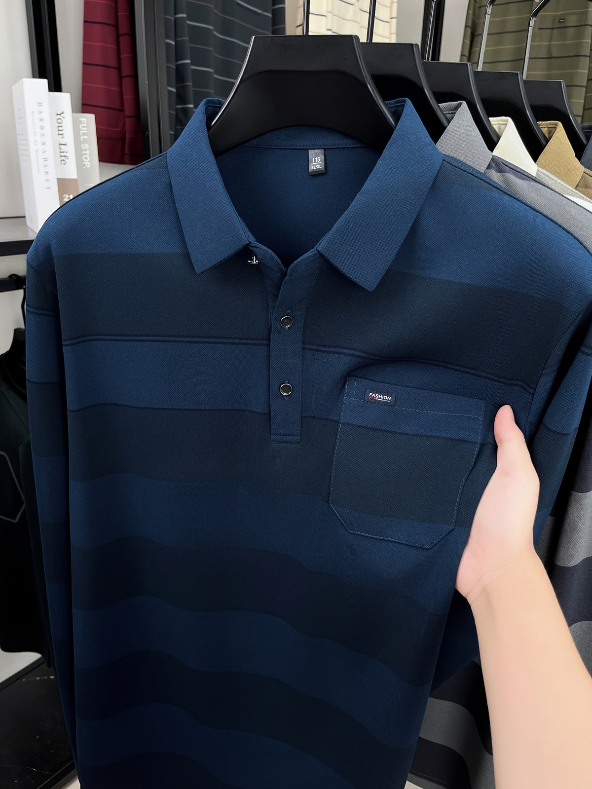 Autumn Men'S Long Sleeve T-Shirt 2026 New Style Wide Stripe Lapel with Real Pockets Casual Long Sleeve POLO Shirt - Cyan
