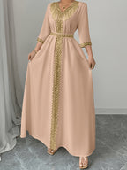 2026 New Abaya Robe Style Kimono Sleeve Long Dress V-Neck Caftan Robe Wrap Style Front Panel High Waist Empire Line Floor Length Dress Golden Lace Trim Sequined Embroidery Golden Bead Trim Golden Contrast Ruffle Tie Waist Skirt Muslim Fashion Arabic - Khaki