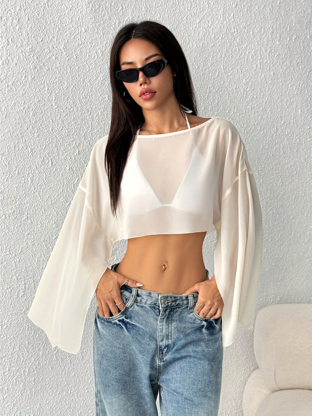 Women'S Solid Color Round Neck Batwing Sleeve Loose Short Shirt, Spring Summer Beach Cover-Up Top - Apricot