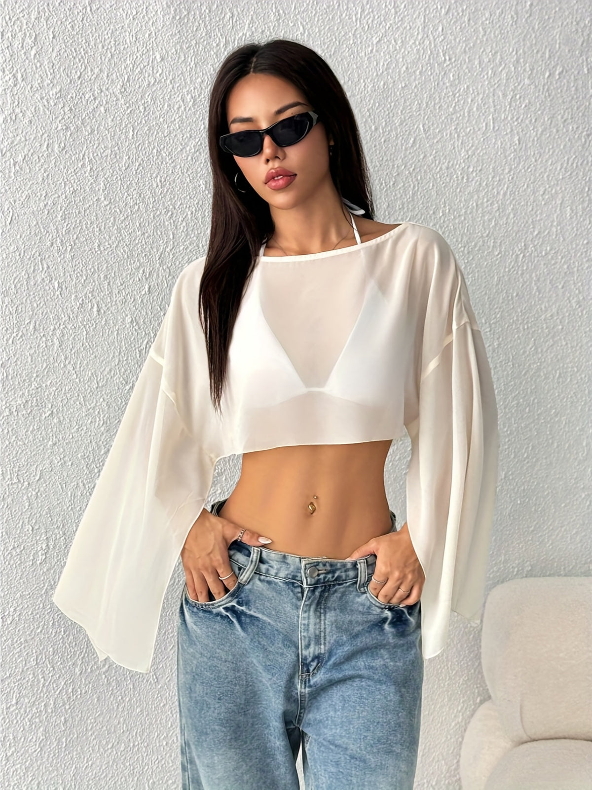 Women'S Solid Color Round Neck Batwing Sleeve Loose Short Shirt, Spring Summer Beach Cover-Up Top - Apricot