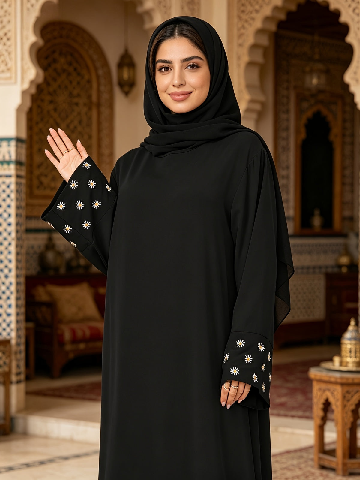 1pc (Scarf Not Included) This Fashionable, Elegant And Casual Abaya Dress with Embroidered Small Chrysanthemums at The Cuffs, No Scarf, Solid Color, Suitable for Daily Wear, Loose And Comfortable for Women. Islamic Clothing for Women Kleider Damen - Black