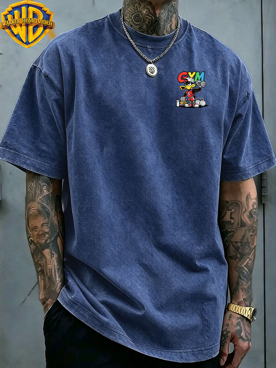 Warner Bros. Officially Authorized Fitness Cartoon Duck Holding Dumbbell Print Retro Washed Distressed Short Sleeve T-Shirt Unisex Machine Washable Daily Commuting Outdoor Sports Casual Top - Royal Blue