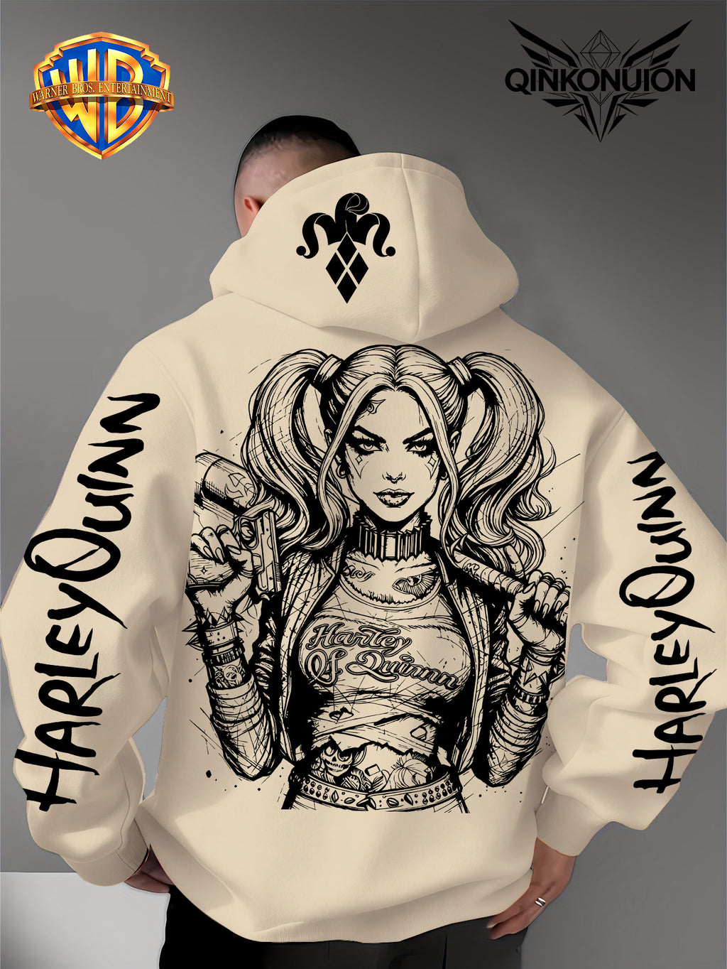 Warner Official Men'S Hoodie, Black And White Thread Draft Double Ponytail Quinn Hardcore Comic Print Design, Machine Washable, Warm And Casual for Autumn And Winter, Daily Drawstring Hoodie, Multi-Functional Sports And Leisure Loose Fit - Apricot