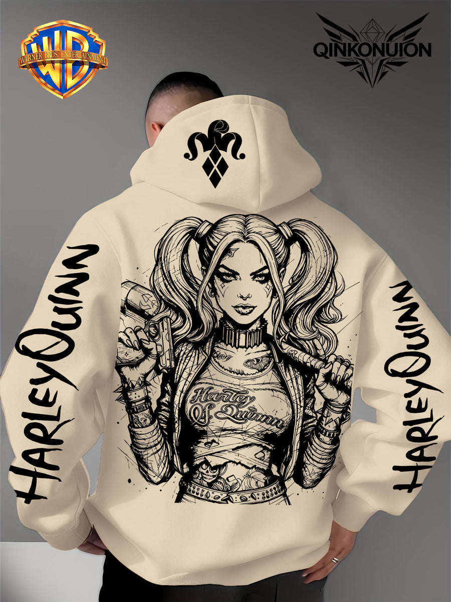 Warner Official Men'S Hoodie, Black And White Thread Draft Double Ponytail Quinn Hardcore Comic Print Design, Machine Washable, Warm And Casual for Autumn And Winter, Daily Drawstring Hoodie, Multi-Functional Sports And Leisure Loose Fit - Apricot