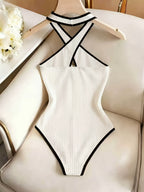 Women's Sexy Hot Style Bodysuit, Criss-Cross Halter Neck Cut-Out Slim Fit Jumpsuit, Suitable for Spring/Summer Dates and Parties - White