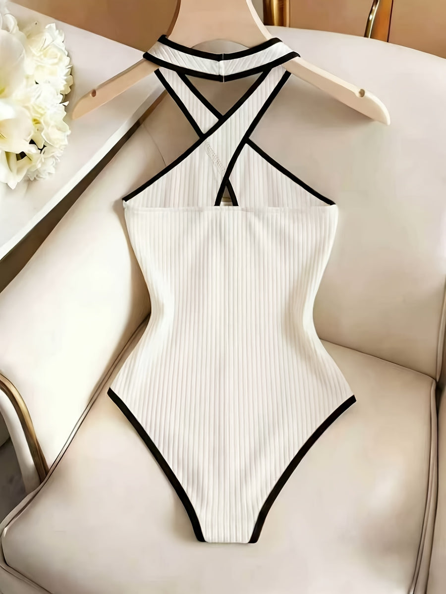 Women's Sexy Hot Style Bodysuit, Criss-Cross Halter Neck Cut-Out Slim Fit Jumpsuit, Suitable for Spring/Summer Dates and Parties - White