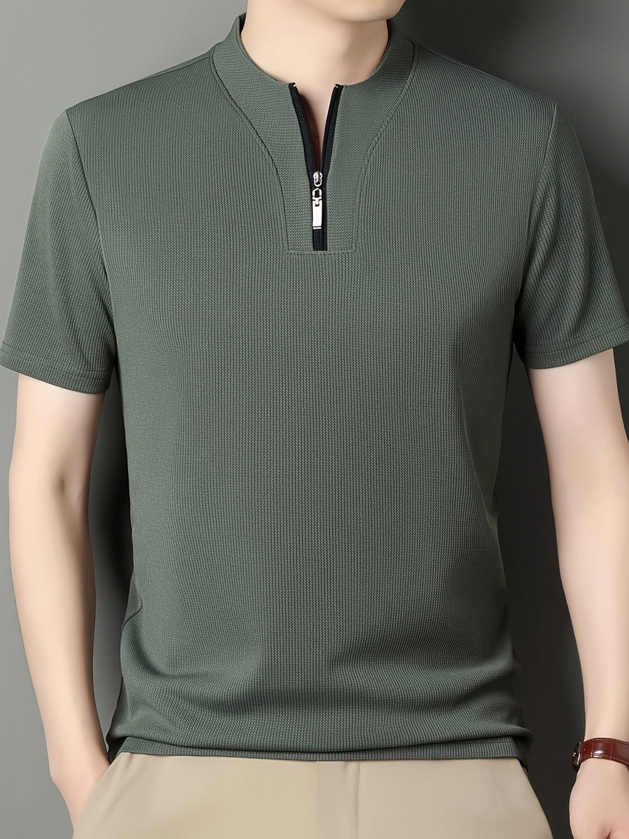 SaXing OBM New Spring/Summer Men's Polo Shirt, Solid Color Textured Ribbed Cable Knit Half-Placket Zipper Style Stand Collar Short Sleeve T-Shirt, Men's Business Casual Fashionable Breathable Versatile Henley Knit Pullover Base Layer Top - Dark Green