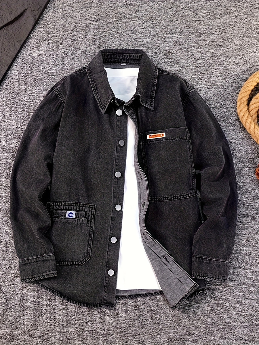 9011# Men's Loose Fit Non-Stretch Denim Shirt - Classic Collar Long Sleeve with Chest Pockets, Machine Washable Casual & Party Wear for Spring/Fall, Plus Size Available, Spring Fall Attire, Stylish Chest Pocketing, Durable Fabric, Nonstretch Material - Soot Black
