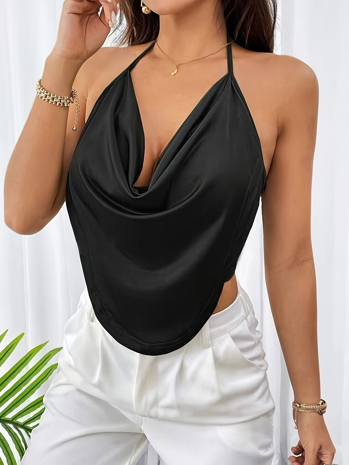 Solid Color Concert Ruffle Front Backless Party Camisole Top - Black