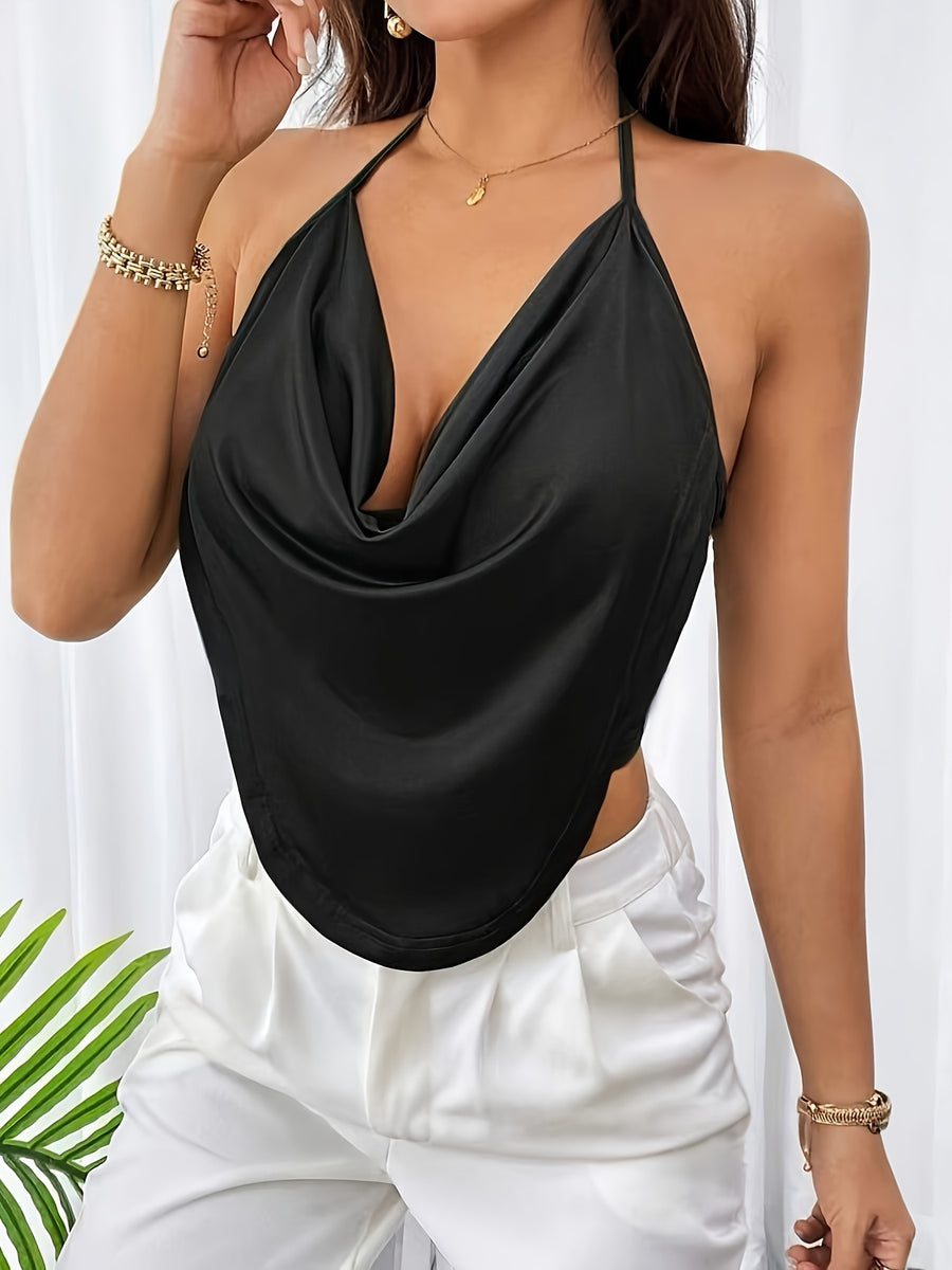 Solid Color Concert Ruffle Front Backless Party Camisole Top - Black