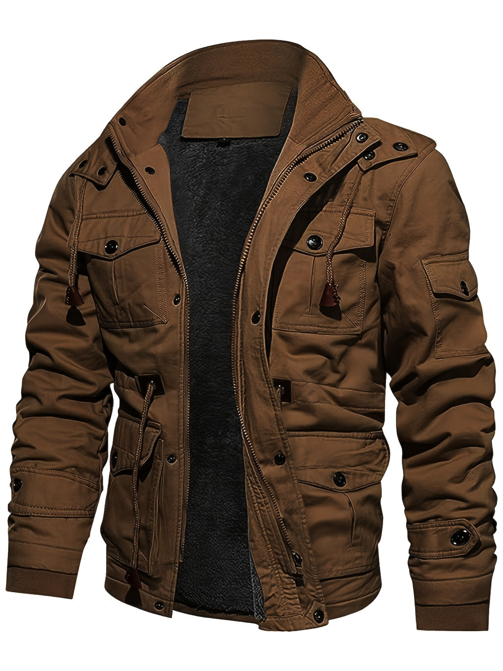 Men'S Winter Fleece-Lined Hooded Jacket - Thick Warm Insulated, Multiple Pockets, 100% Polyester Casual Coat, Machine Washable Regular Fit for Autumn/Winter Outdoor Wear, Winter Outerwear - Coffee Color
