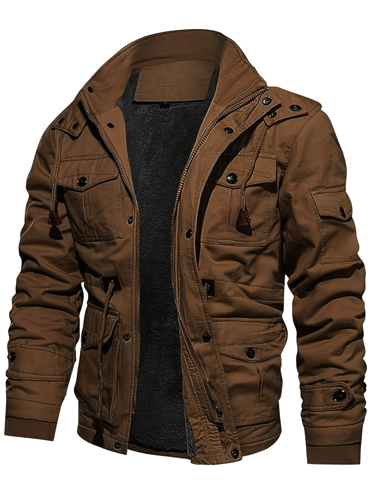 Men'S Winter Fleece-Lined Hooded Jacket - Thick Warm Insulated, Multiple Pockets, 100% Polyester Casual Coat, Machine Washable Regular Fit for Autumn/Winter Outdoor Wear, Winter Outerwear - Coffee Color