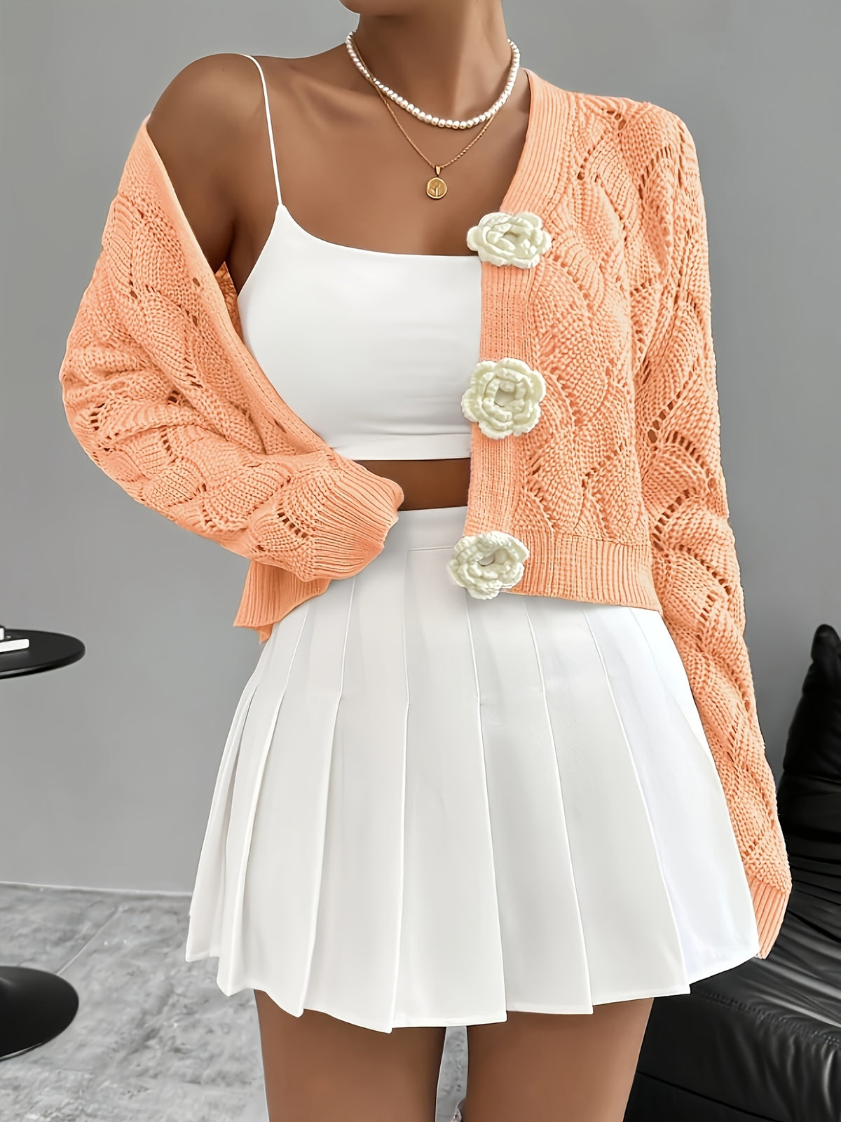 Spring 2026 Spring/Summer Women'S Handcrafted 3D Floral Embellishment Western Fashion Elegant Solid Lace Crochet Cardigan Top Jacket Women'S, Suitable for Daily Wear And Commuting, Spring Outing, All Seasons, Versatile Style - orange yellow