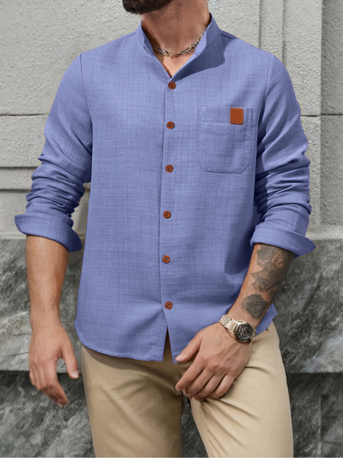 Men's Simple Solid Color Shirt with Stand Collar and Long Sleeves - Navy