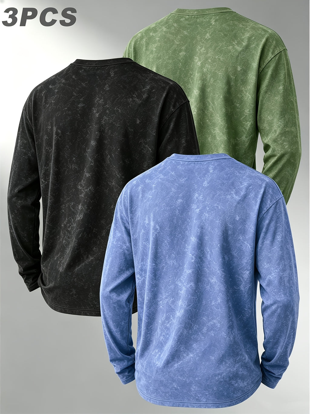 Pearson OBM Three-pc American Vintage Distressed Long-Sleeve T-Shirt, Men's Versatile Crew Neck Base Layer Top, Trendy Casual Long-Sleeve Inner Wear - Black+Green+Light Blue