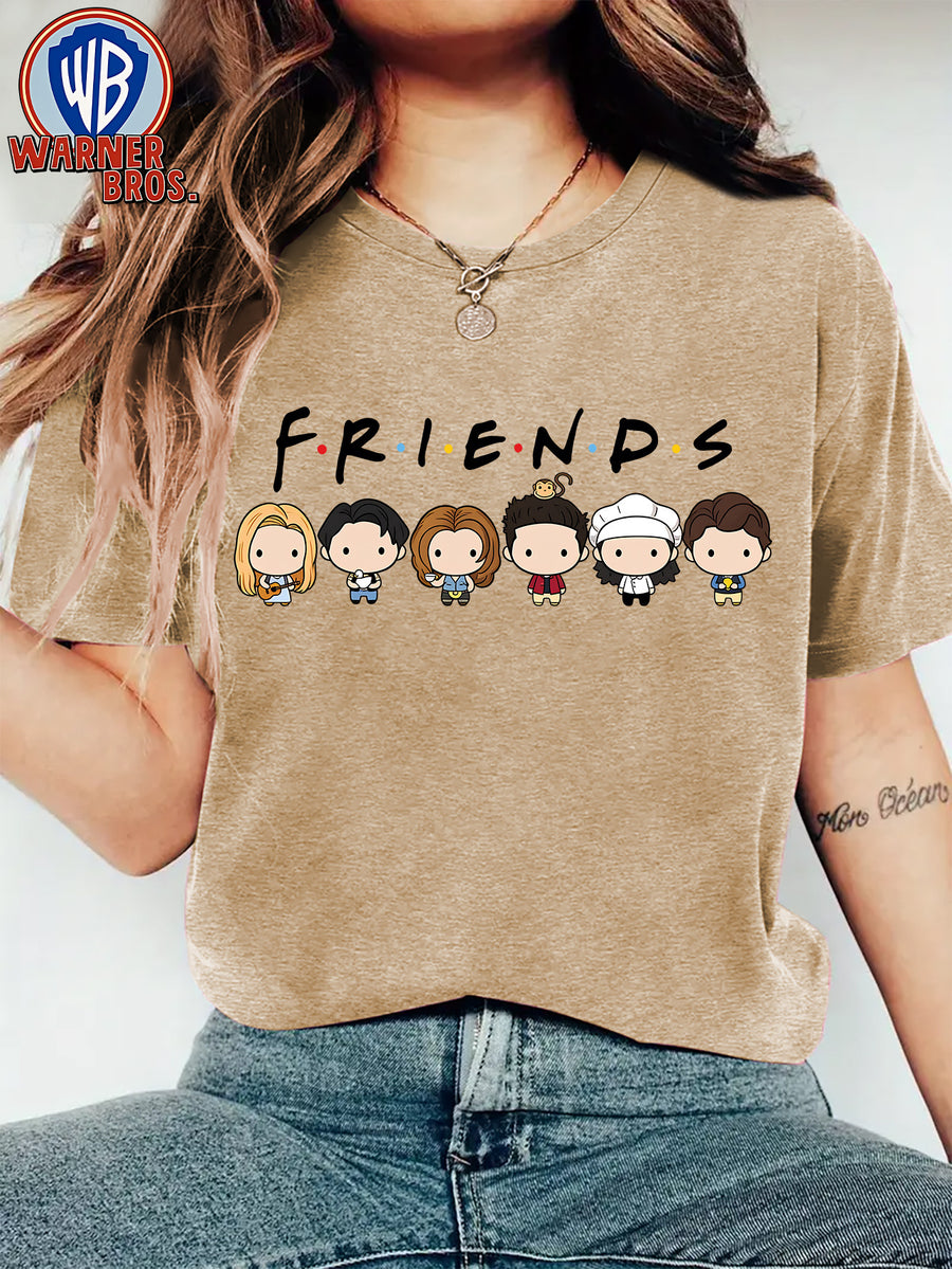 Women'S Summer T-Shirt, Cute Friends Q-Version Character Cartoon Print Nostalgic Style Round Neck Short Sleeve T-Shirt 90S Classic Movie Animation Warner Bros. Fan Gift Casual Vacation Travel Versatile Retro Style Top S-XXL - Khaki 1