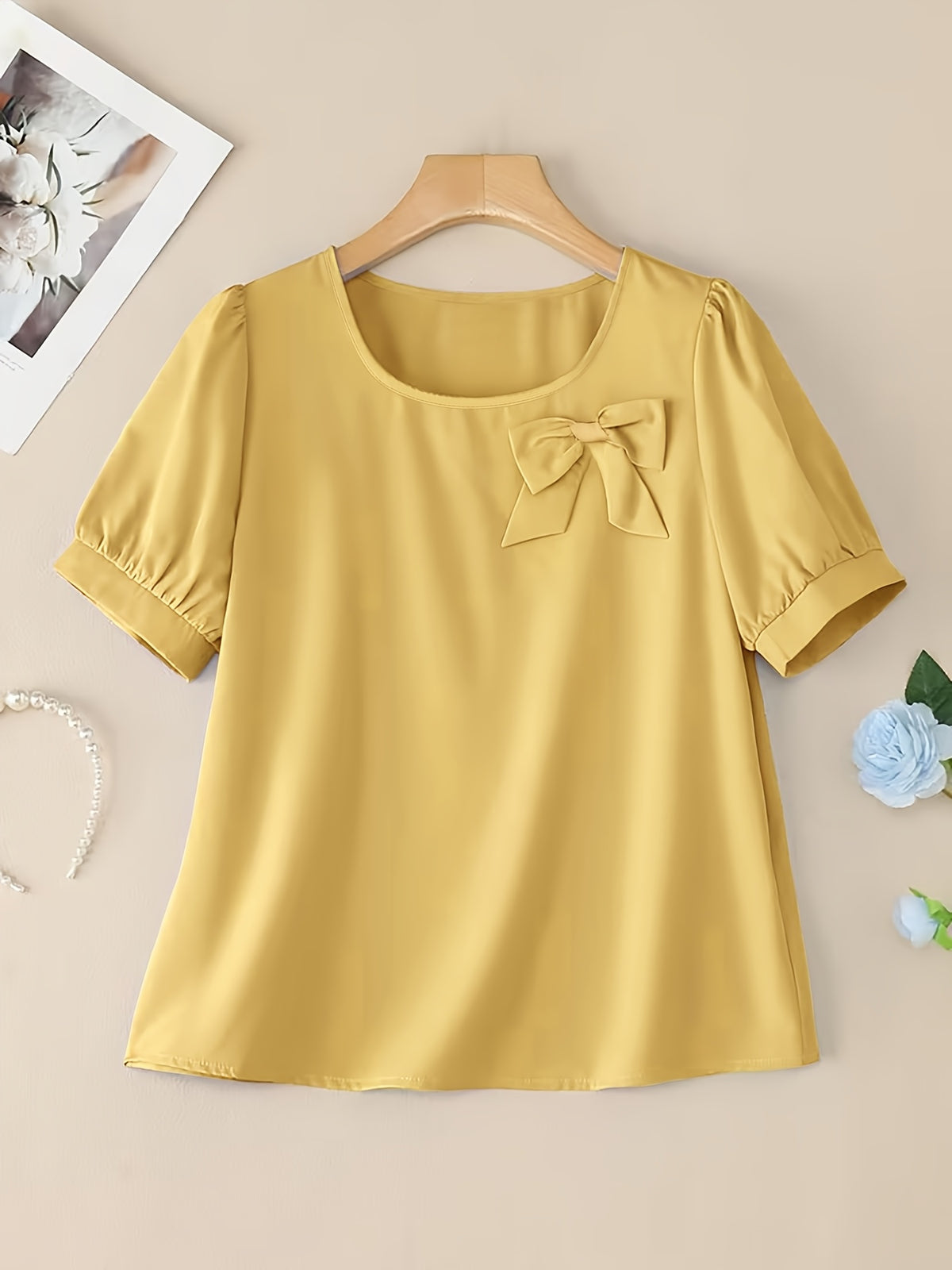 Elegant Casual Square Neck Short Sleeve Shirt with Bow and Puff Sleeves, Solid Color Top - Yellow