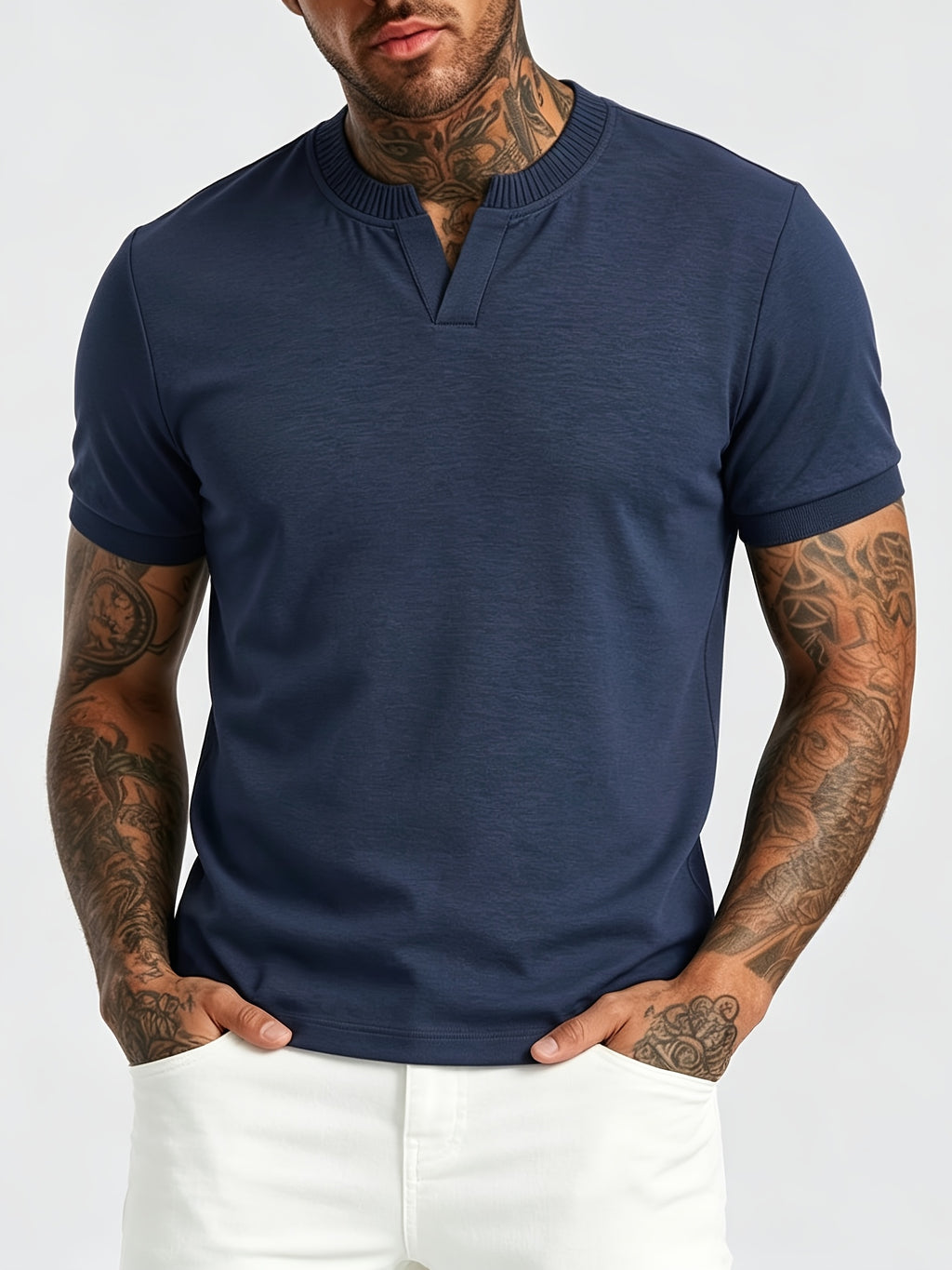 [Pearson OBM] Summer Cool Short Open V-Neck Men'S Henley Shirt, Stretchy Comfortable Solid Base Layer, Breathable And Flat Fit, Practical Men'S Birthday Gift Holiday Item, All-Scene Wear for Fitness, Hiking, Home, And Vacation - Navy Color