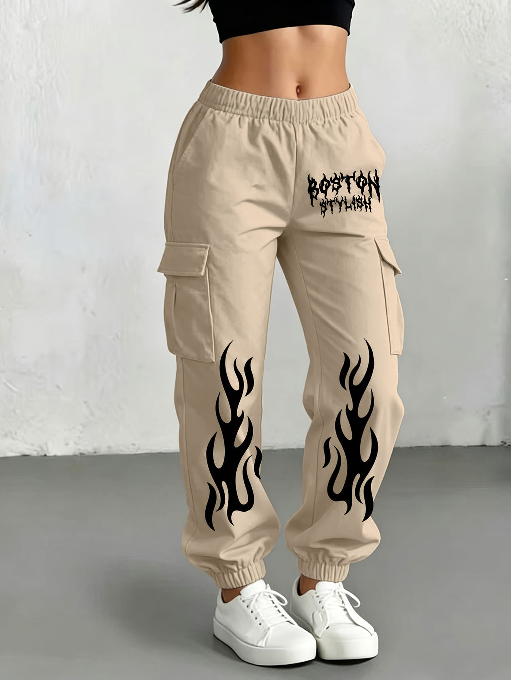 Millennial Y2K Cargo Pants for Women, Loose Flame Print Trousers, Retro Gothic Street Style with Elastic Waist And Ankle Cincher, Hip-Hop Hot Baggy Long Pants, Casual All-Match Bottoms - Khaki
