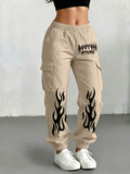 Millennial Y2K Cargo Pants for Women, Loose Flame Print Trousers, Retro Gothic Street Style with Elastic Waist And Ankle Cincher, Hip-Hop Hot Baggy Long Pants, Casual All-Match Bottoms - Khaki