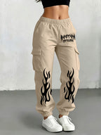 Millennial Y2K Cargo Pants for Women, Loose Flame Print Trousers, Retro Gothic Street Style with Elastic Waist And Ankle Cincher, Hip-Hop Hot Baggy Long Pants, Casual All-Match Bottoms - Khaki