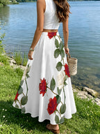 Red and White Rose Vine Print Skirt, Summer Casual Vacation Style - Mixed colors