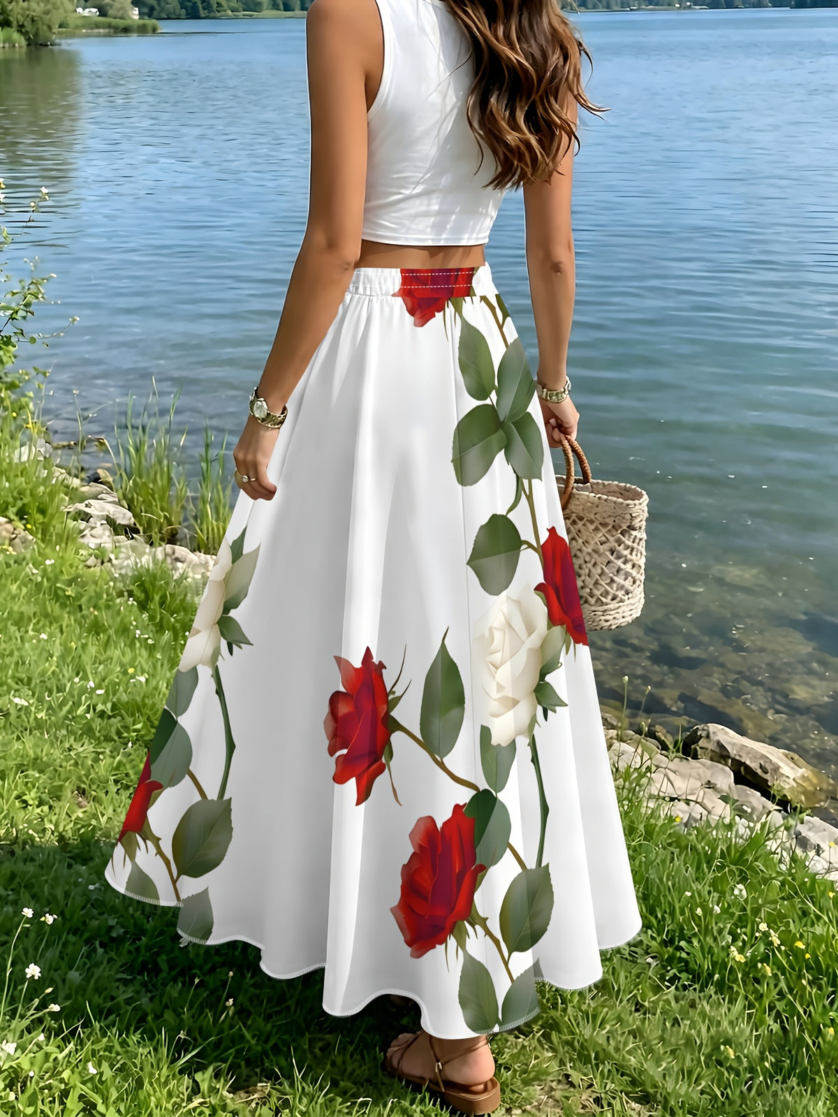Red and White Rose Vine Print Skirt, Summer Casual Vacation Style - Mixed colors
