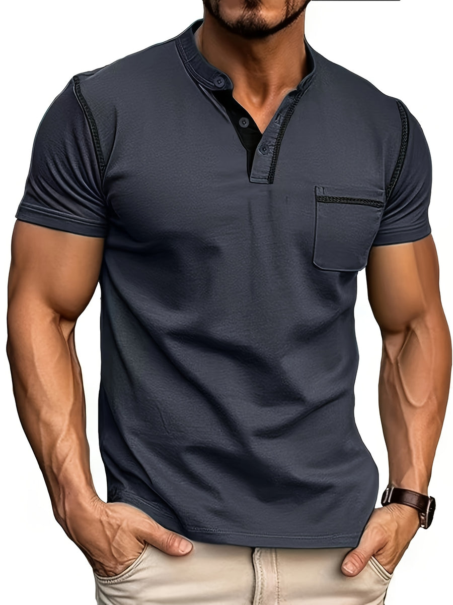 2025 Summer New Arrival Men's Color-Block Striped Short-Sleeve Henley Shirt, Cool and Breathable - Dark Gray
