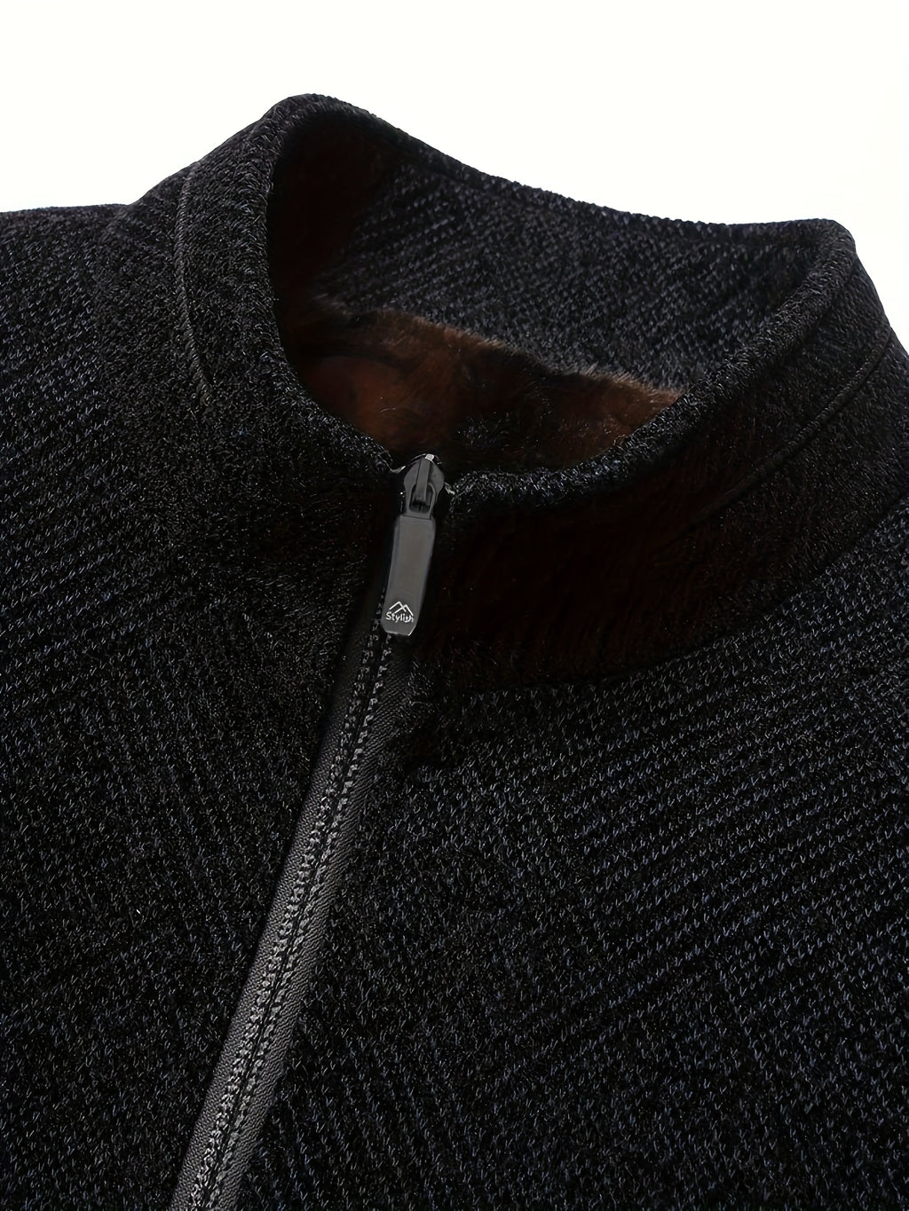 Pearson OBM Winter Mid-aged Men's Stand Collar Jacket, -Lined Thickened Warm Faux Lining Zipper Outerwear for Men - Black