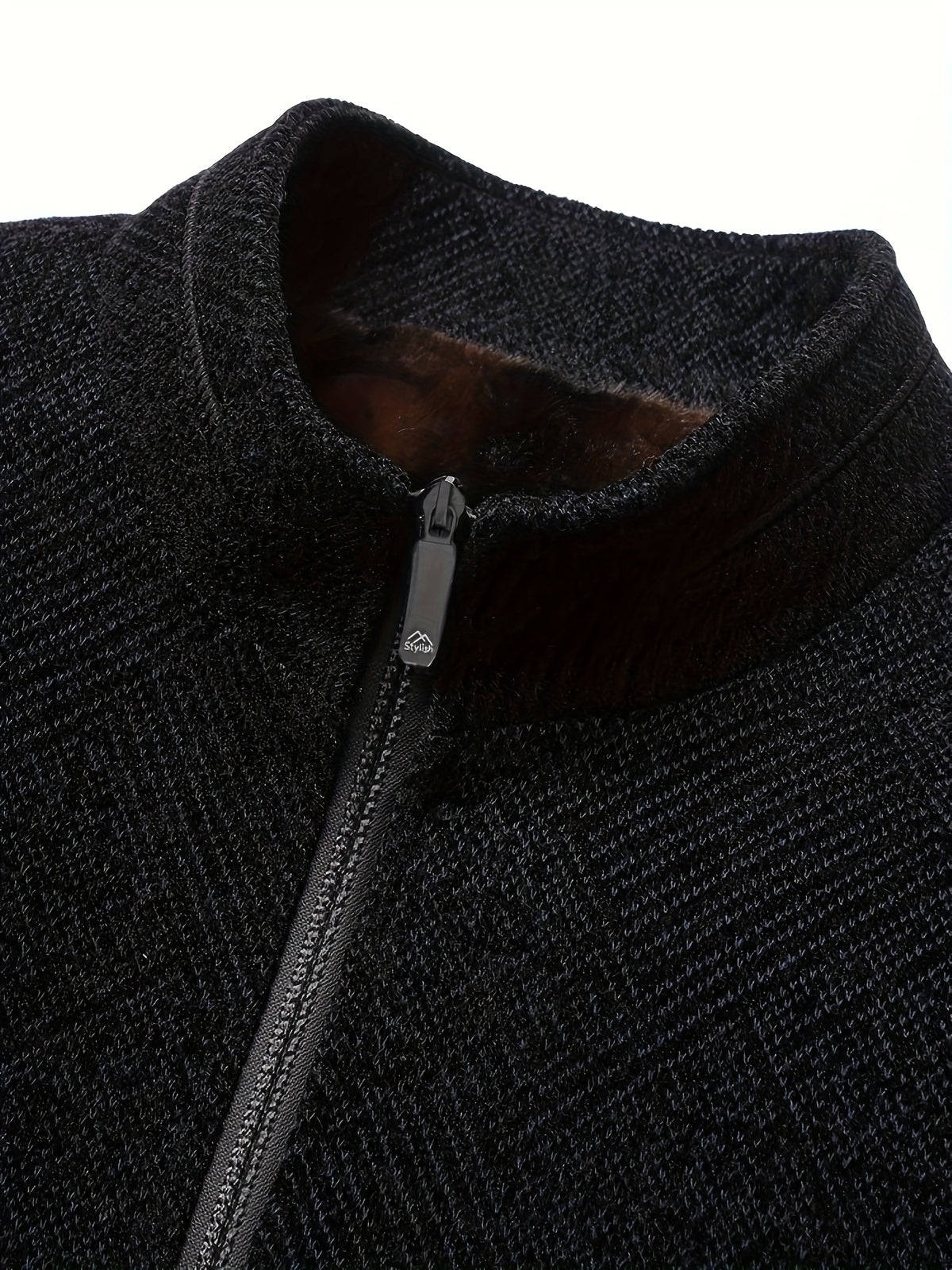 Pearson OBM Winter Mid-aged Men's Stand Collar Jacket, -Lined Thickened Warm Faux Lining Zipper Outerwear for Men - Black
