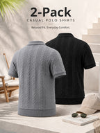 2pcs Men's Summer Jacquard Ribbed Lapel Loose Fit T-Shirt Golf Casual Business Versatile Knit Short Sleeve Polo Shirt - Light Grey+Black