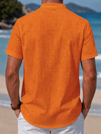 Men's Casual Solid Color 100% Cotton Short Sleeve Summer Button-Up Shirt, Round Neck Breathable Sweat-Absorbent Pure Cotton Pocket Print 100g Lightweight Shirt - Orange