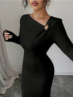 Elenzga Women'S Solid Color Long Sleeve Asymmetric Collar Bodycon Midi Dress | Elegant, Metal Decoration, Suitable For Spring/Summer/Fall - Black