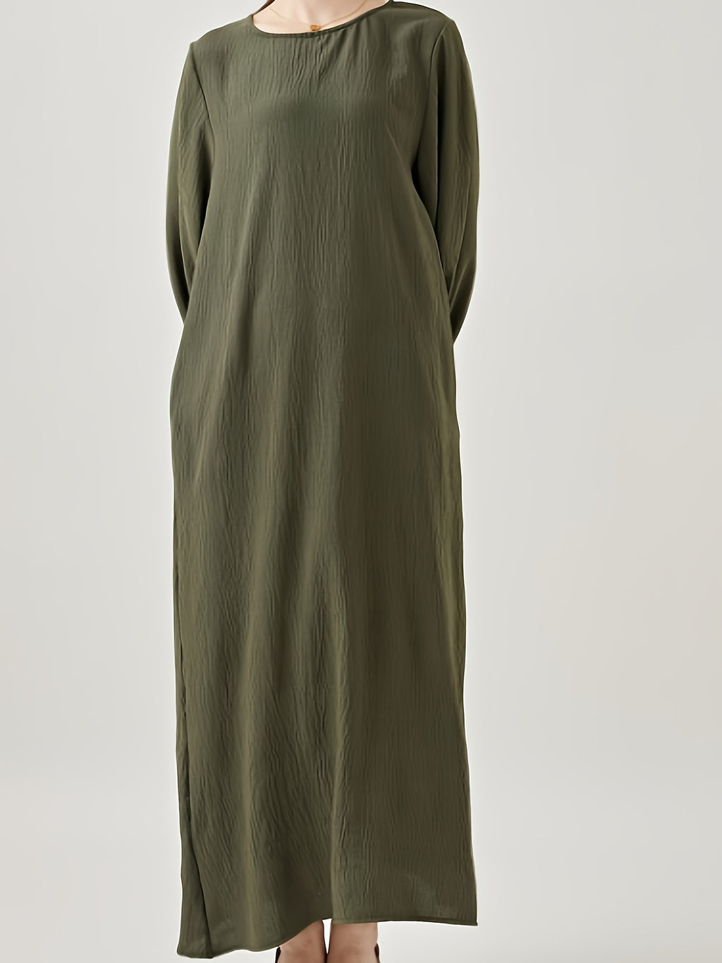 Comfortable & Casual Solid Color Muslim Dress with Bubble Pleats, Elastic Cuffs, and Flowy Hem - Polyester, Machine Washable - Olive Green