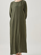 Comfortable & Casual Solid Color Muslim Dress with Bubble Pleats, Elastic Cuffs, and Flowy Hem - Polyester, Machine Washable - Olive Green