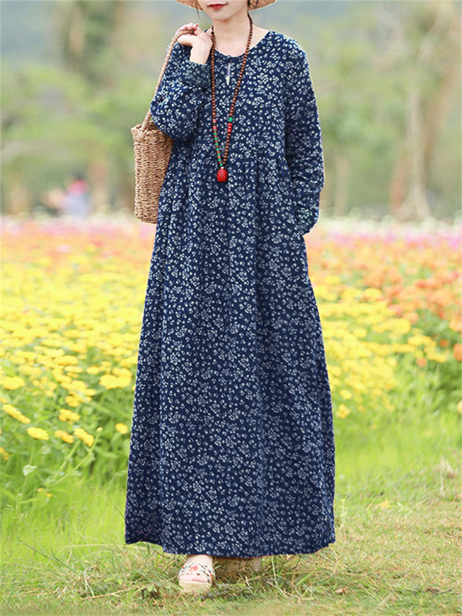 Plus Size, Plus Size Women Floral Print Maxi Dress Oversized Long Sleeve Crew Neck Vintage Holiday Casual Loose Long Dresses - Blue