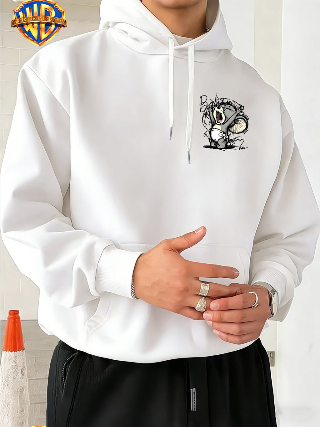 Licensed by Warner Bros., Sketch Style Cute Young Animals, Exuberant Cheering Expression with Casual Graffiti Art Letter Trendy Cool Print Men'S Fashion Hooded Sweatshirt, Sleeve Print Design, Kangaroo Pouch, Drawstring Hood - White