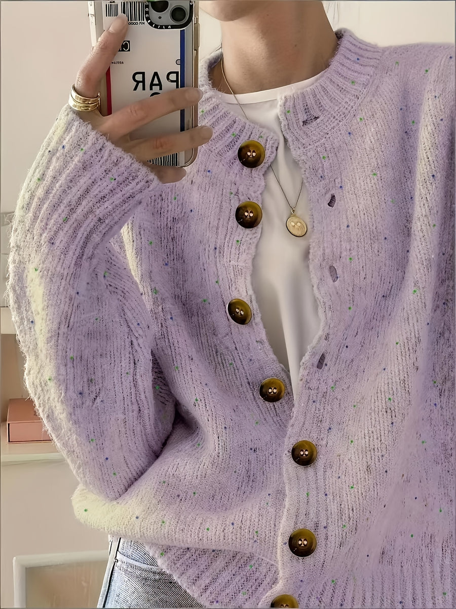 Women's Casual Colorful Button-front Cardigan with Soft Long Sleeves, Round Neck, Light-weight Fashion Candy-colored Dot Pattern, Casual and Elegant Garment | Stretch Fabric Cardigan Suitable for Casual Attire - Lavender Dark Purple